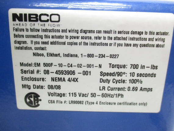 NIBCO 500F-10-C4-02-001-N 115VAC 0.69A NSNP