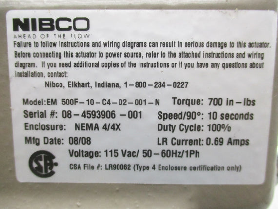 NIBCO 500F-10-C4-02-001-N 115VAC 0.69A NSNP