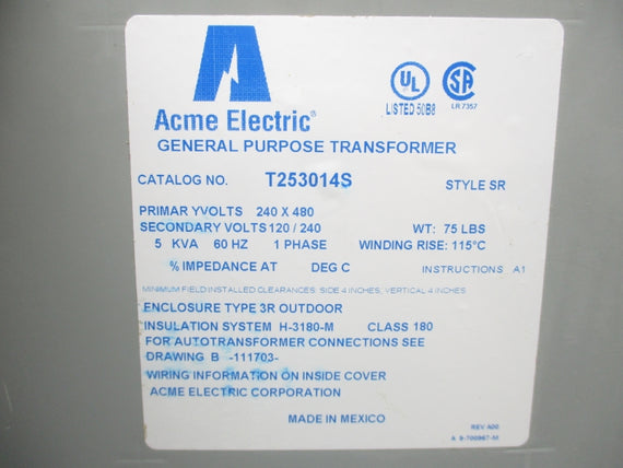 ACME ELECTRIC T253014S 240/480V NSNP