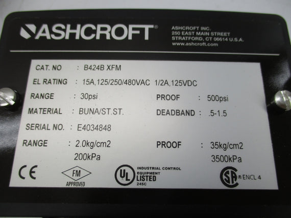 ASHCROFT B424BXFM 480VAC 15A 30PSI NSMP