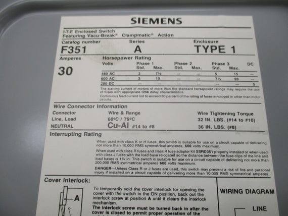 SIEMENS F351 SER. A 600VAC 30A NSMP