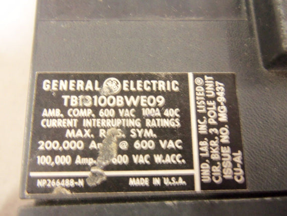 GENERAL ELECTRIC TB13100BWE09 CIRCUIT BREAKER *USED*