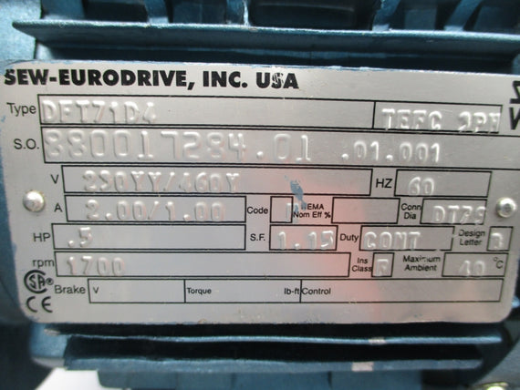 SEW EURODRIVE DFT71D4 230/460V 2.00/1.00A NSNP