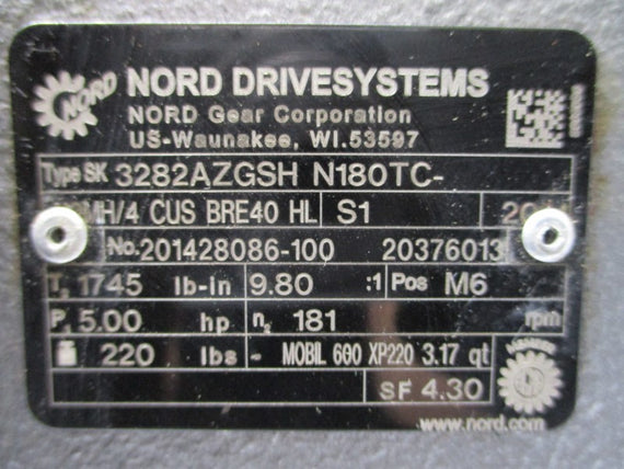 NORD DRIVE SYSTEMS SK3282AZGSH N180TC 230/460V 11.4/5.70A NSNP