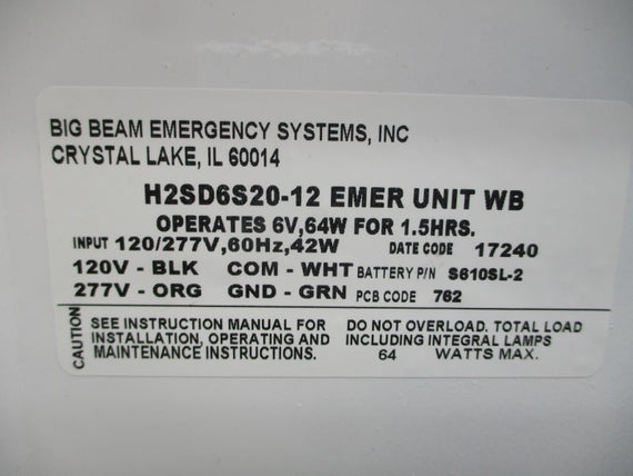 BIG BEAM EMERGENCY SYSTEMS H2SD6S20-12 120/277V NSNP