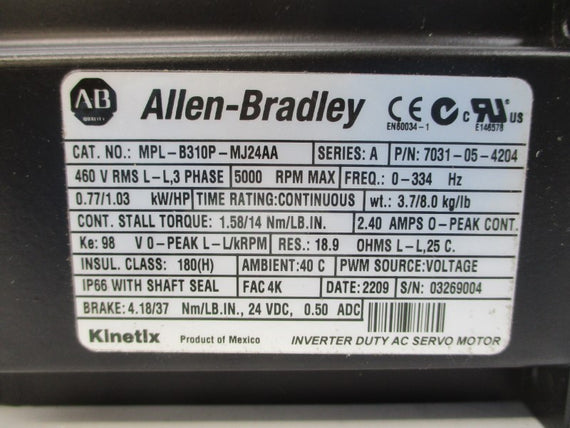 ALLEN BRADLEY MPL-B310P-MJ24AA SER. A 460VAC 2.40A NSMP