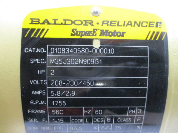 BALDOR 0108340580-000010 M35J302N909G1 208-230/460V 5.8/2.9A NSNP