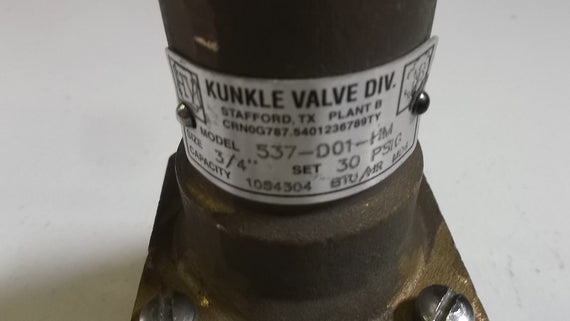 KUNKLE VALVE DIV. SAFTY RELIEF VALVE  537-D01-HM *USED*