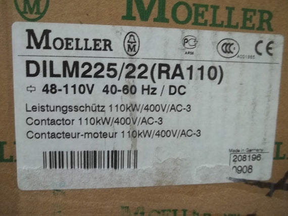 MOELLER DILM225/22 (RA110) CONTACTOR 110KW/400V/AC-3 *NEW IN BOX*