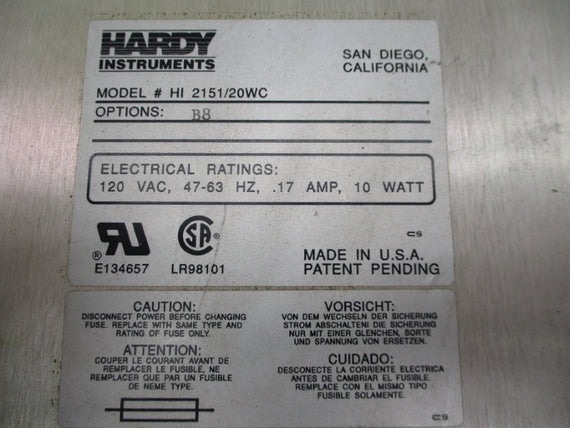 HARDY INSTRUMENTS HI2151/20WCB8 120VAC .17A NSNP