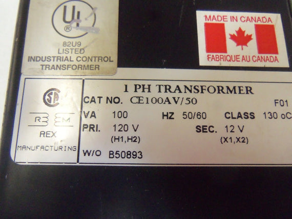 REX 1PH TRANSFORMER CE100AV / 50 *USED*