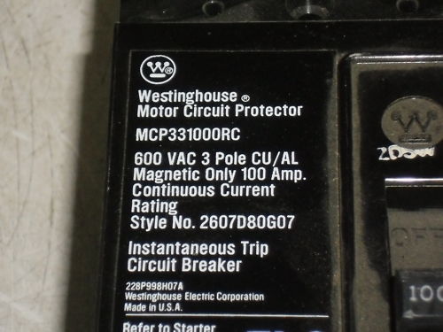 WESTINGHOUSE MCP331000RC CIRCUIT BREAKER 100A*USED*