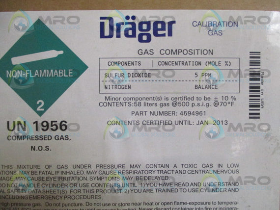 DRAGER UN1956 4594961 CALIBRATION GAS *NEW IN BOX*