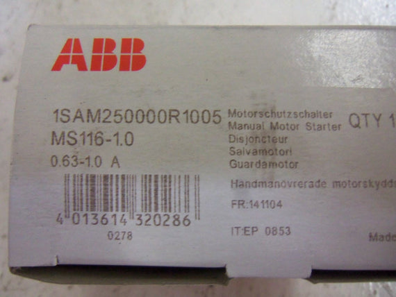 ABB MS116-1.0 1SAM250000R1005 MANUAL MOTOR STARTER 0.63-1.0A *NEW IN BOX*