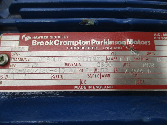 BROOK CROMPTON PARKINSON MOTORS AD90LD 220-240/380-415V 7.9/4.6A NSNP