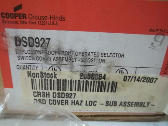 COOPER DSD927 EXPLOSION PROOF FRONT OPERATED SELECTOR SWITCH COVER*NEW IN BOX*