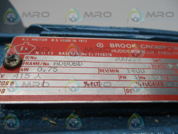 BROOK CROMPTON AD80BD AC MOTOR * USED *