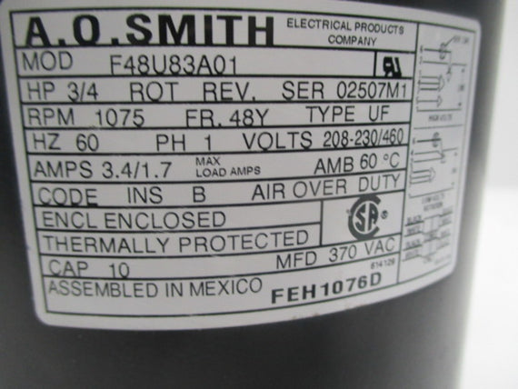 A.O.SMITH F48U83A01 MOTOR 3/4 HP 1075 RPM * USED *