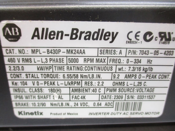 ALLEN BRADLEY MPL-B430P-MK24AA SER. A 24VDC 9.2A NSMP