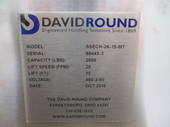 DAVID ROUND STAINLESS STEEL 1 TON SSECH-2K-15-MT 460V NSMP