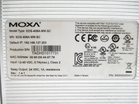 MOXA EDS-408A-MM-SC 12-45VDC 0.7A NSNP