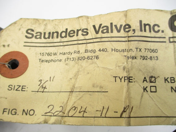 SAUNDERS VALVE 2204-11-P1 TYPE A 3/4" NSNP