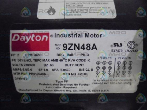 DAYTON 9ZN48A INDUSTRIAL MOTOR 2 HP 3450 RPM * USED *