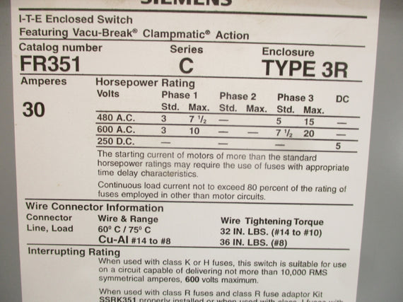 SIEMENS FR351 SER. C 600VAC 30A NSMP