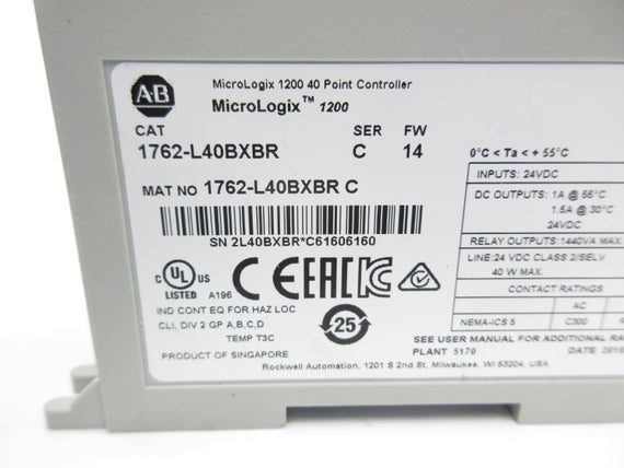 ALLEN BRADLEY 1762-L40BXBR SER. C F/W 14 24VDC NSNP