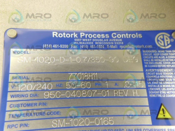 ROTORK PROCESS CONTROLS SM-1020-D-1-0.7/350-90 DEG * NEW NO BOX *