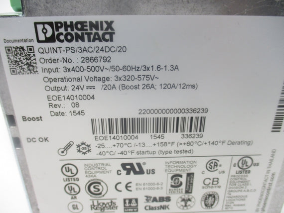 PHOENIX CONTACT QUINT-PS/3AC/24DC/20 2866792 400-500V 1.6-1.3A NSNP