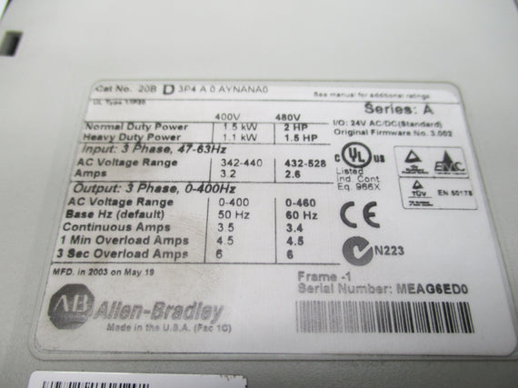 ALLEN BRADLEY  20BD3P4A0AYNANA0 SER. A F/W 3.002 NSNP