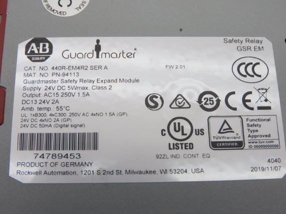 ALLEN BRADLEY 440R-EM4R2 SER. A 24VDC 2A F/W 2.01 (WH) NSMP