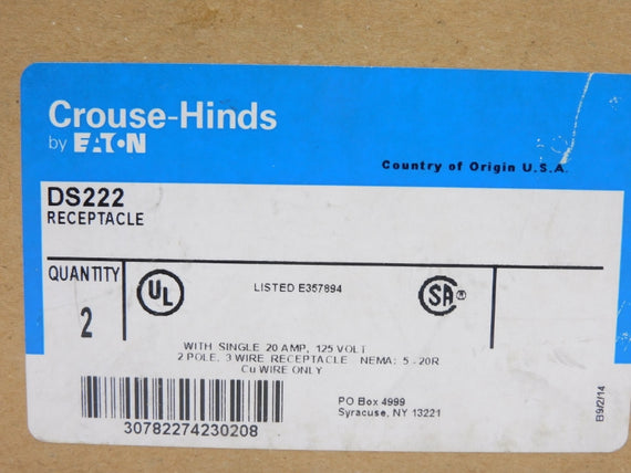 CROUSE HINDS DS222 125V 20A (PKG OF 2) NSMP