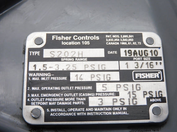 FISHER CONTROLS S202H 15PSI 1-3/16" NSNP