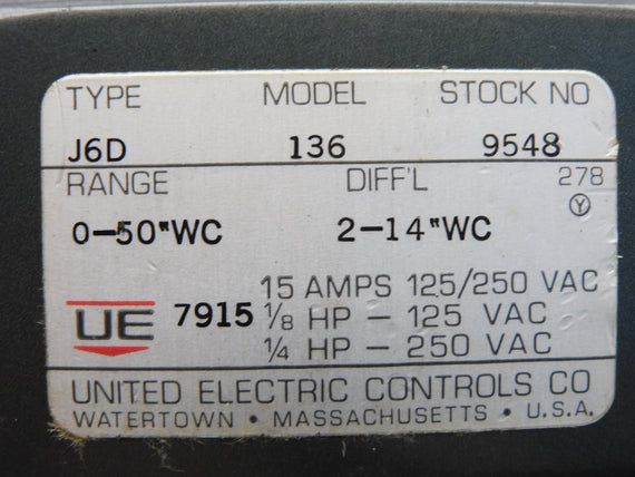 UNITED ELECTRIC J6D-136 250VAC 15A 0-50"WC NSNP