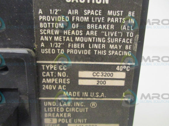 CUTLER HAMMER CC3200 CIRCUIT BREAKER 200A * USED *