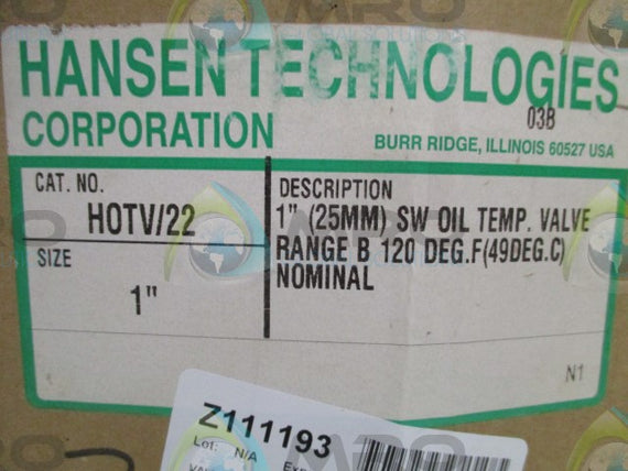 HANSEN HOTV/22 R/B OIL TEMPERATURE VALVE * NEW IN BOX *