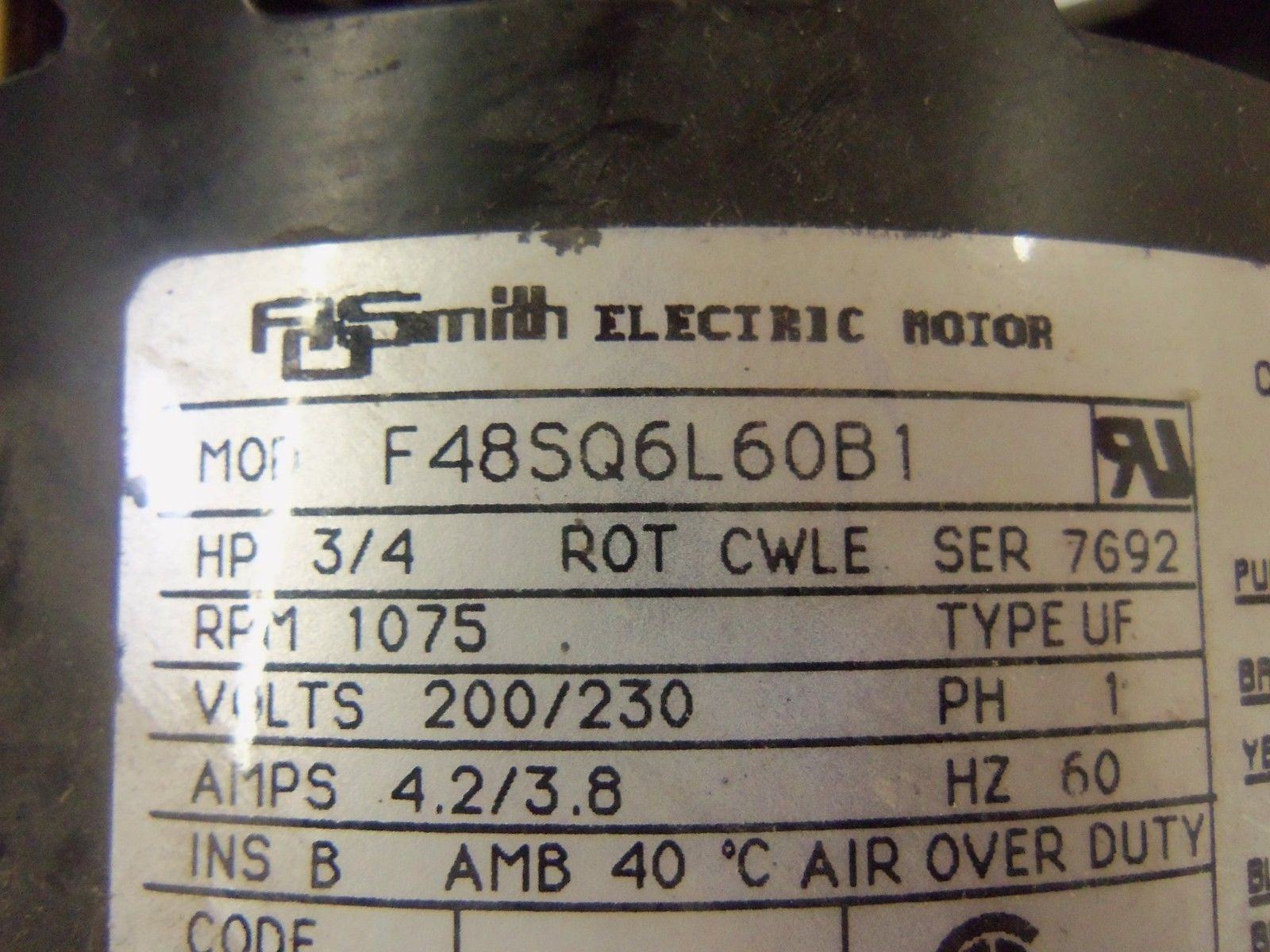 A.O. SMITH F48SQ6L60B1 ELECTRIC MOTOR 3/4 HP 1075 RPM *NEW NO BOX ...