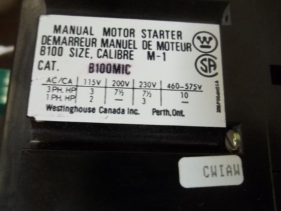 WESTINGHOUSE B100MIC MANUAL MOTOR STARTER *USED*